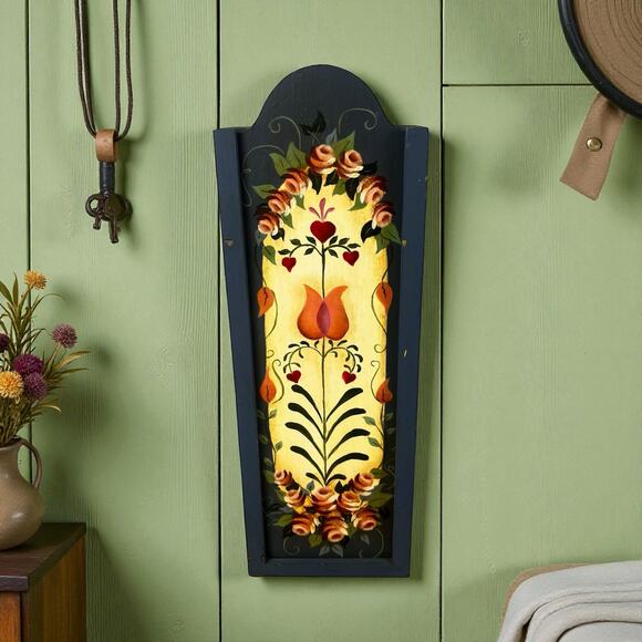 VTG Hand Painted Wood Tole Folk Art Sliding Lid Candle Match Box PA Dutch Style - Picture 3 of 16